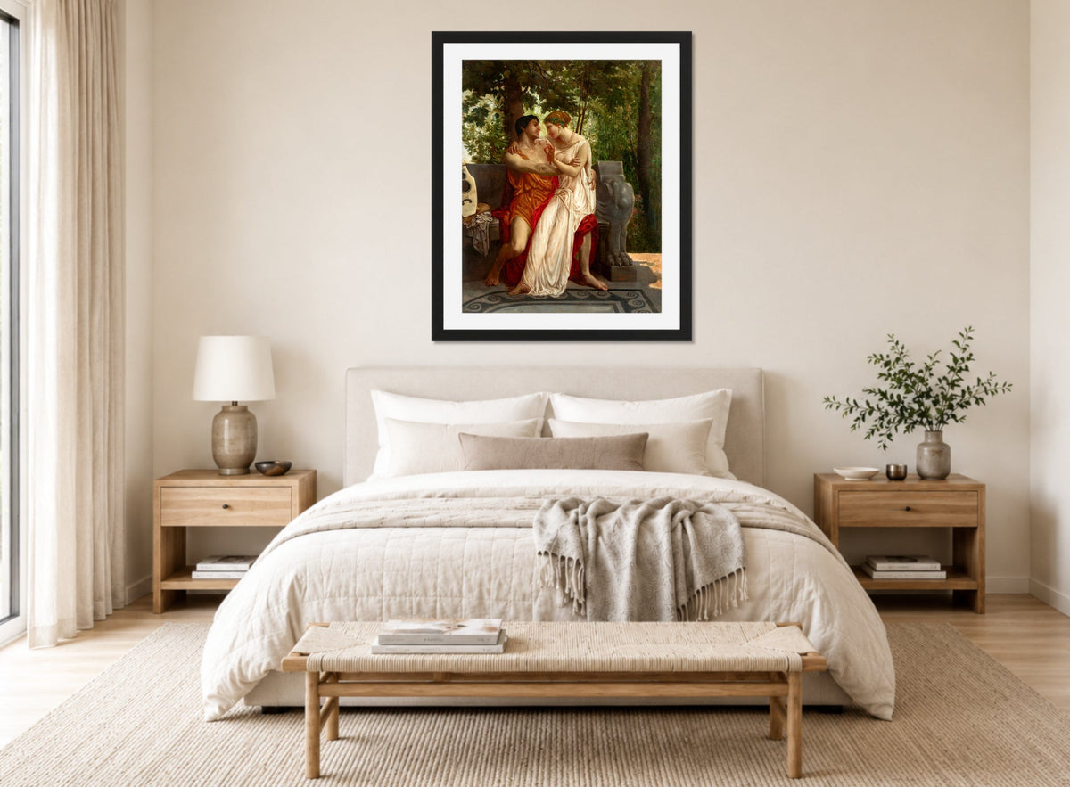 William-Adolphe Bouguereau Print, Les amoureux (1850) displayed above a bed