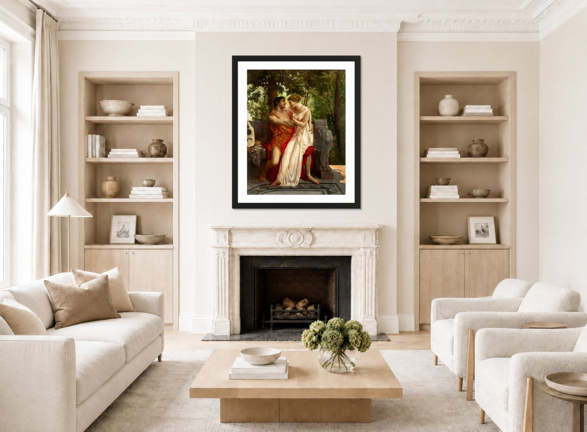 William-Adolphe Bouguereau Print, Les amoureux (1850) displayed in a Scandinavian living room