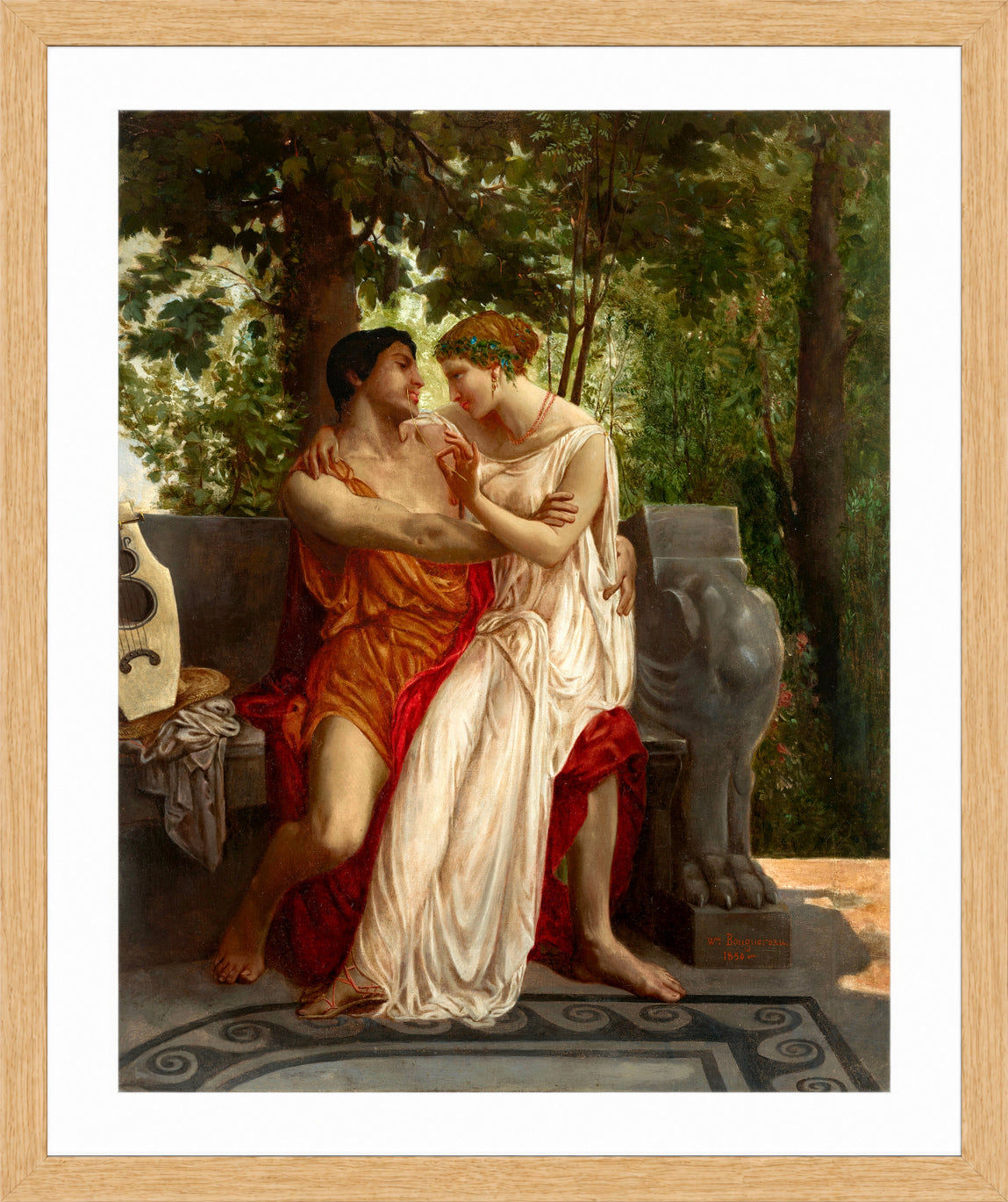 William-Adolphe Bouguereau Print, Les amoureux (1850) in a light oak frame