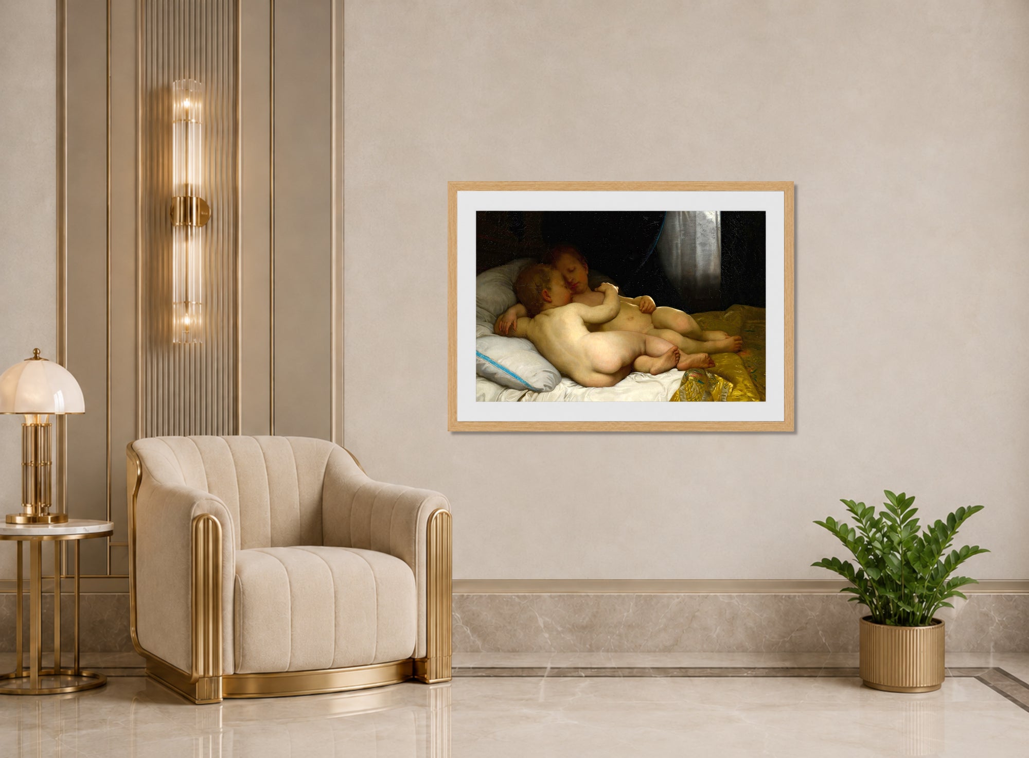 William-Adolphe Bouguereau Print, Les enfants endormis (1868) displayed in an Art Deco interior
