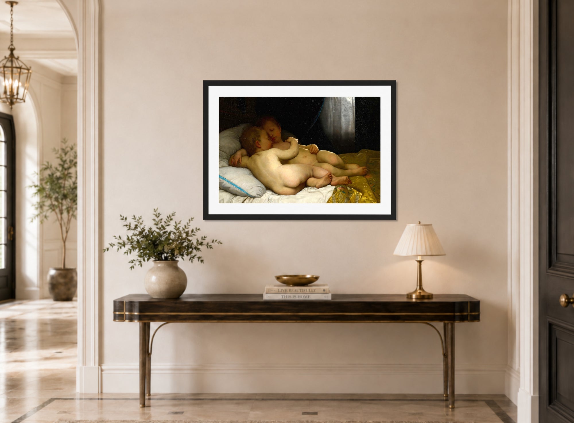 William-Adolphe Bouguereau Print, Les enfants endormis (1868) displayed above a console table