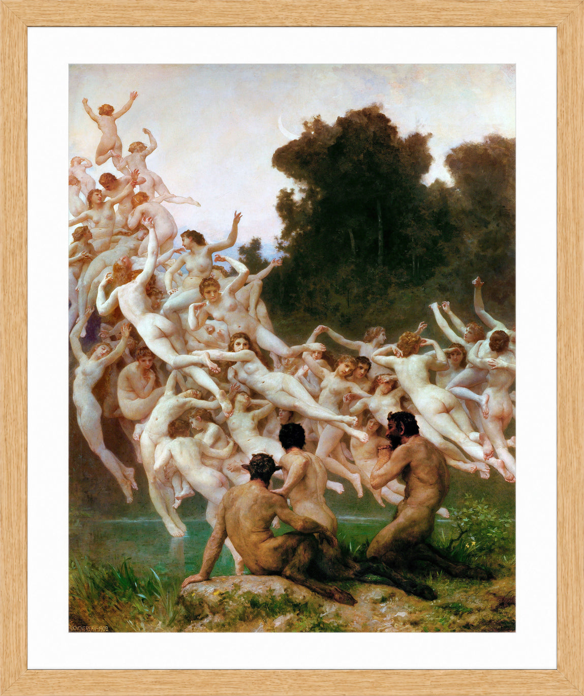 William-Adolphe Bouguereau Print, Les Oréades (1902) in a light oak frame