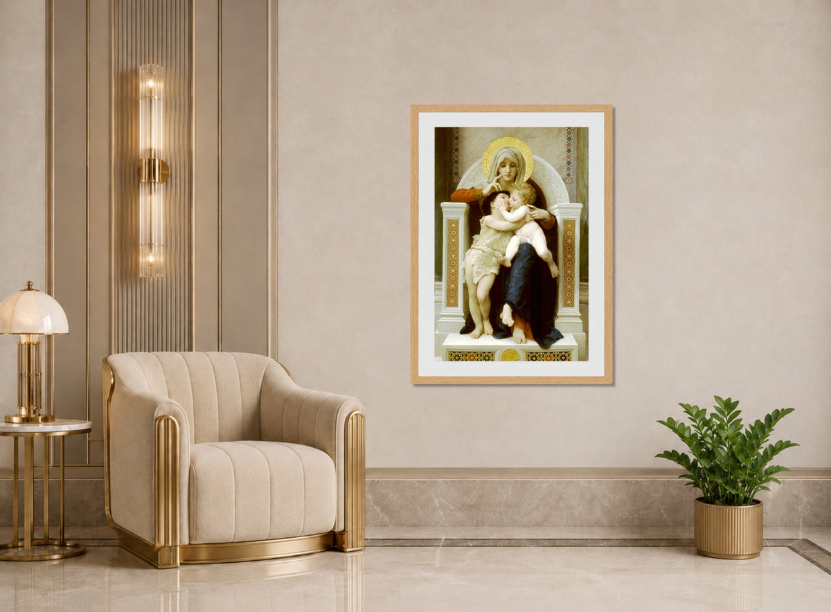 William-Adolphe Bouguereau Print, Madonna with child and John the Baptist (1875) displayed in an Art Deco interior