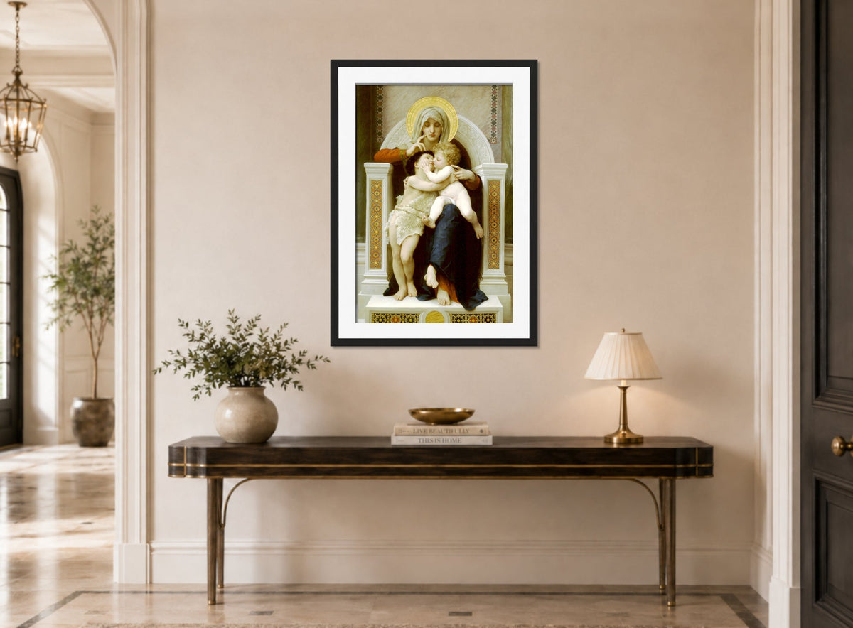 William-Adolphe Bouguereau Print, Madonna with child and John the Baptist (1875) displayed above a console table