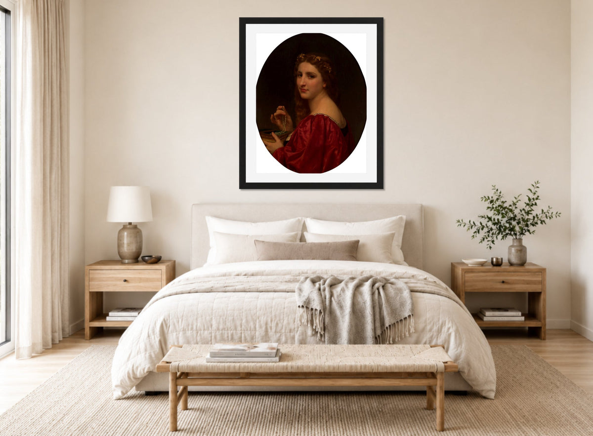 William-Adolphe Bouguereau Print, Marguerite (1868) displayed above a bed