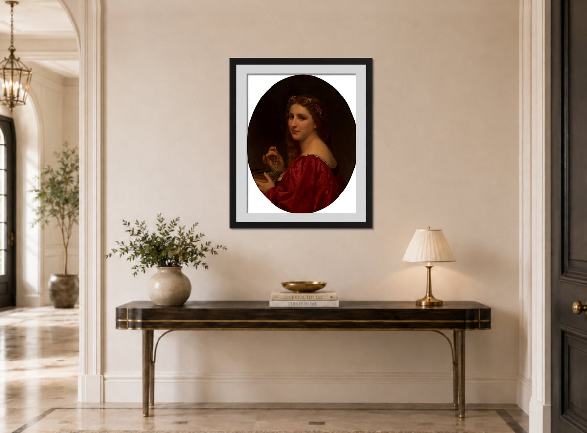 William-Adolphe Bouguereau Print, Marguerite (1868) displayed above a console table