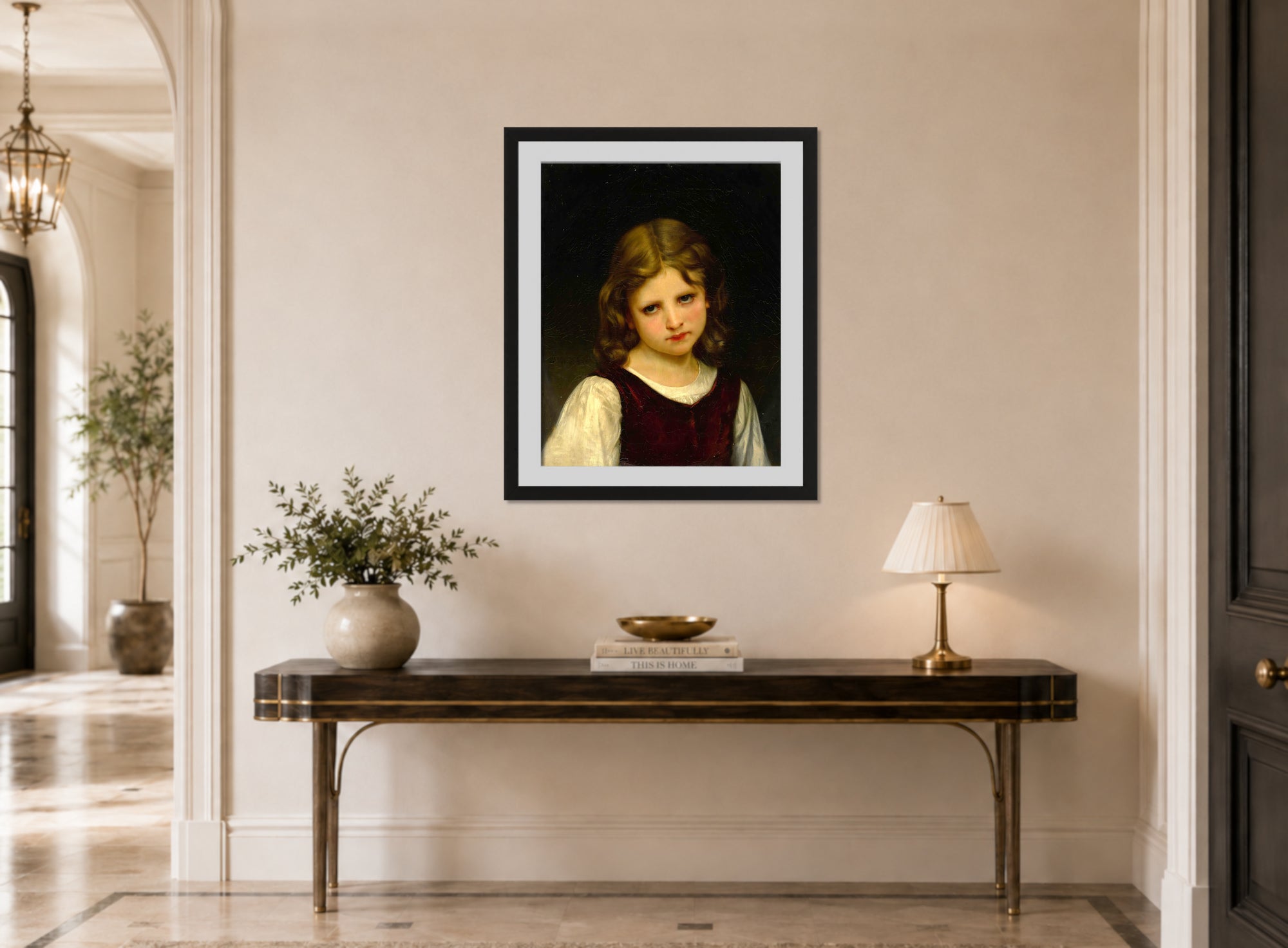 William-Adolphe Bouguereau Print, Mignon displayed above a console table