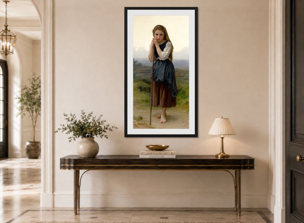 William-Adolphe Bouguereau Print, Petite Bergère (1891) displayed above a console table