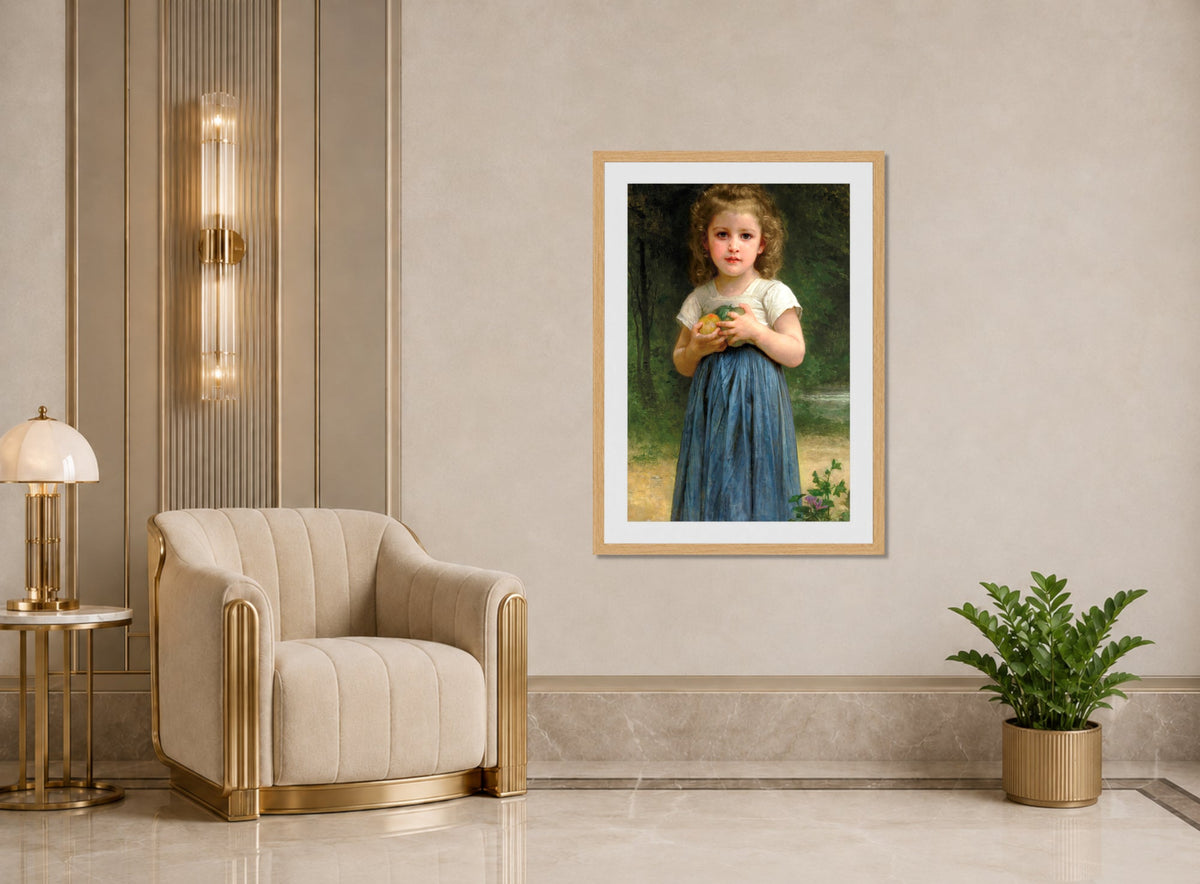 William-Adolphe Bouguereau Print, Petite fille tenant des pommes dans les mains (1895) displayed in an Art Deco interior