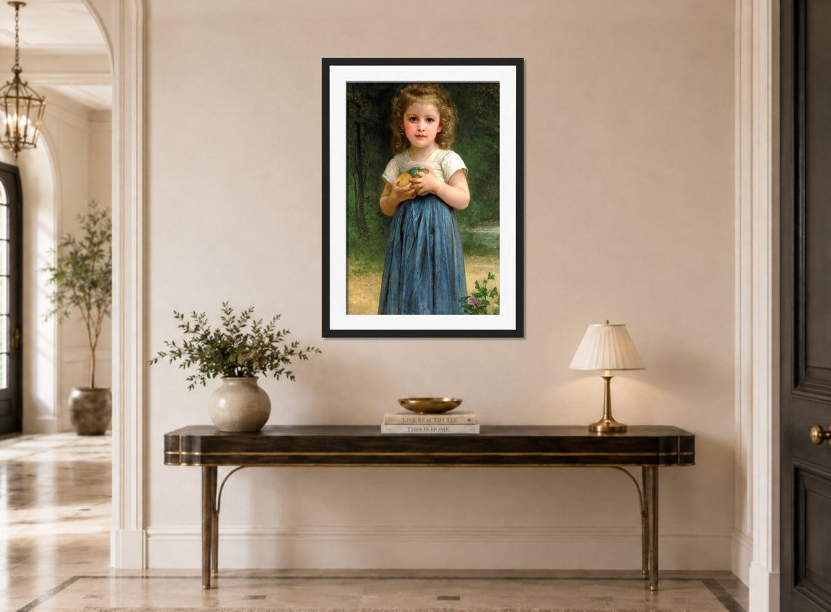 William-Adolphe Bouguereau Print, Petite fille tenant des pommes dans les mains (1895) displayed above a console table
