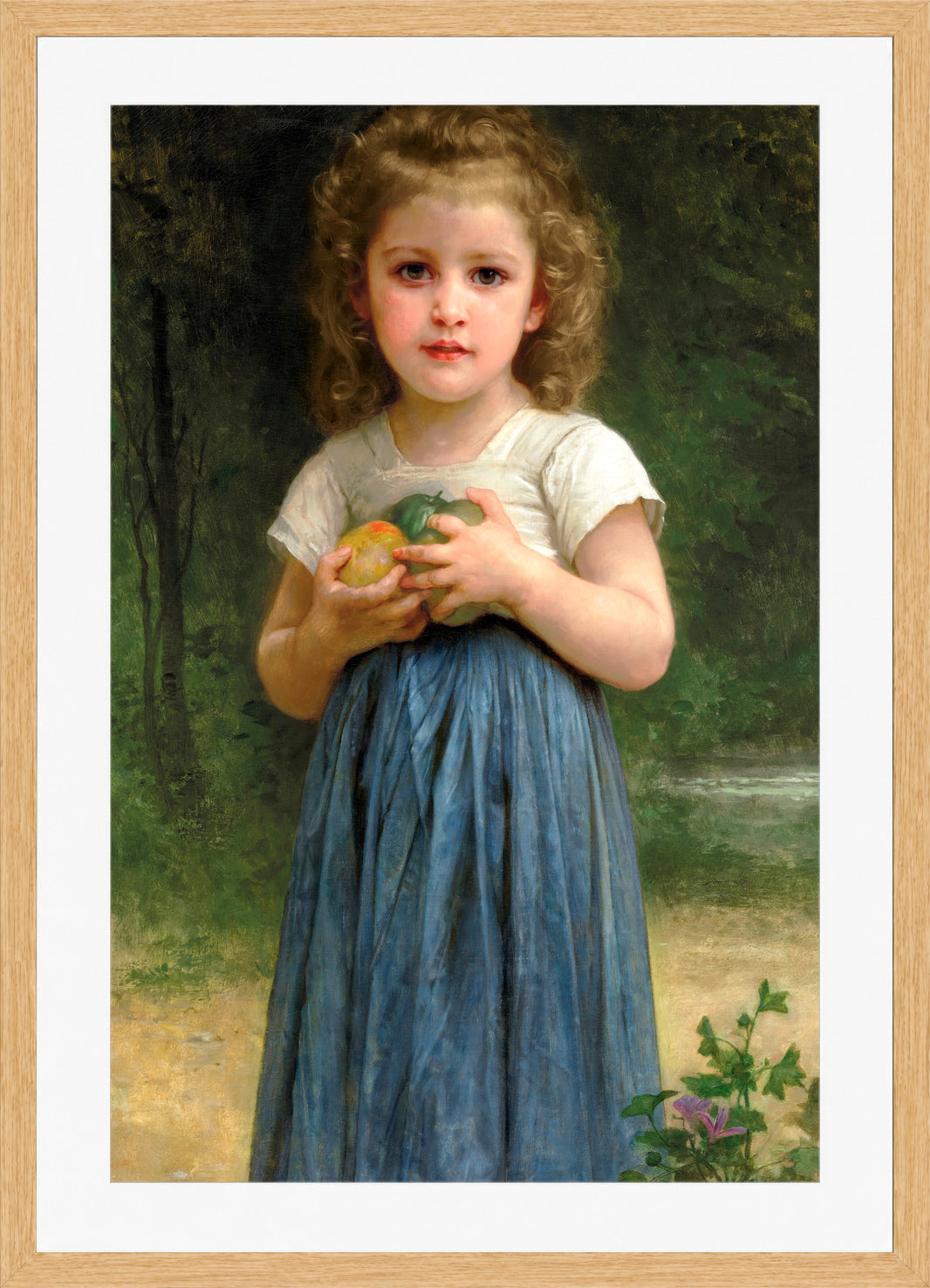 William-Adolphe Bouguereau Print, Petite fille tenant des pommes dans les mains (1895) in a light oak frame