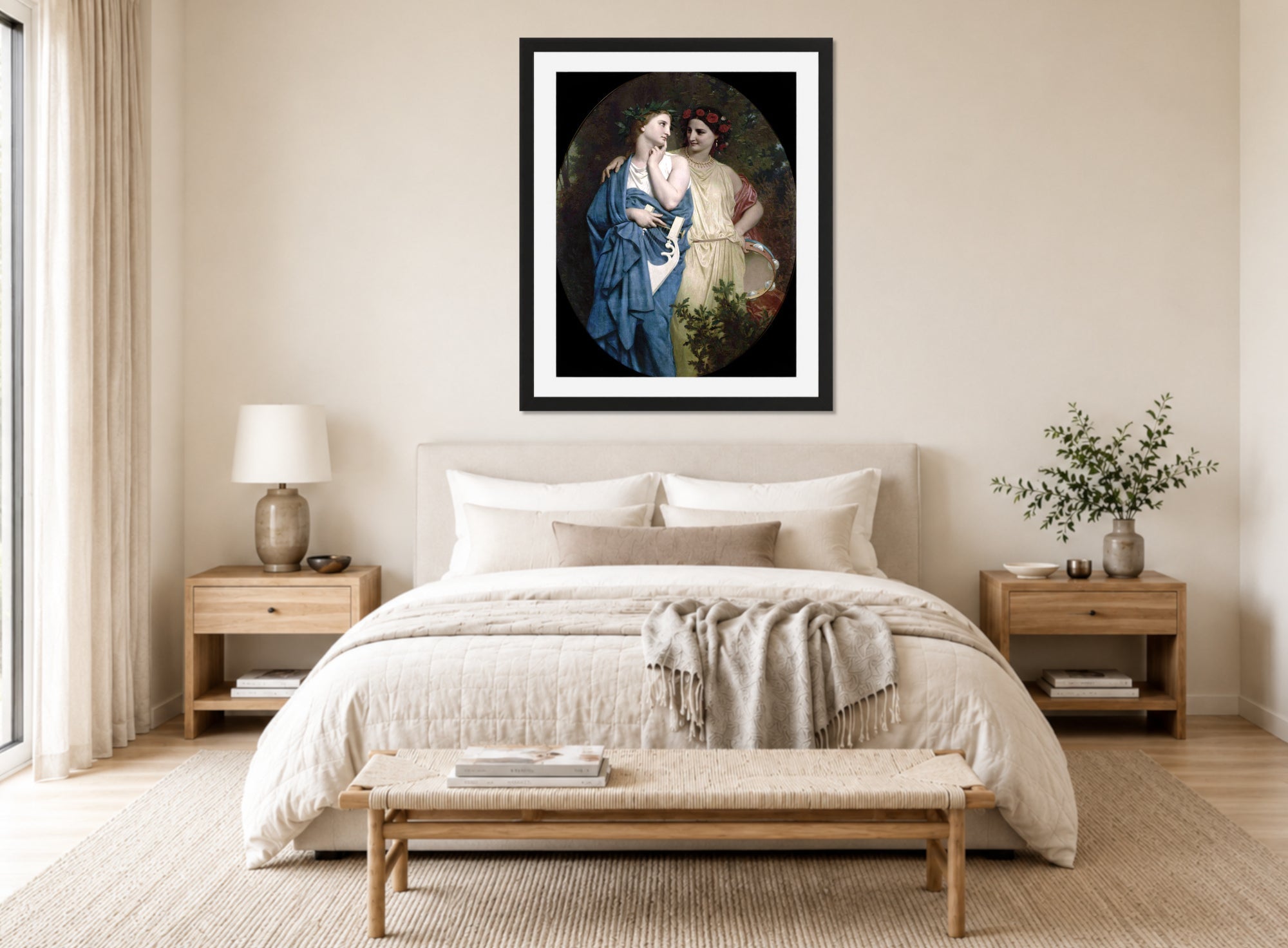 William-Adolphe Bouguereau Print, Philomela and Procne (1861) displayed above a bed