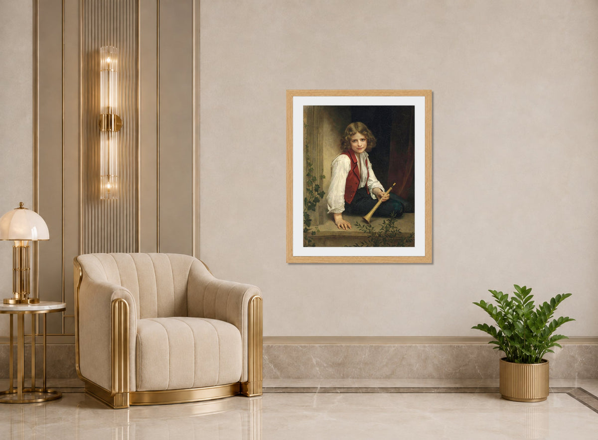 William-Adolphe Bouguereau Print, Pifferaro (1870) displayed in an Art Deco interior
