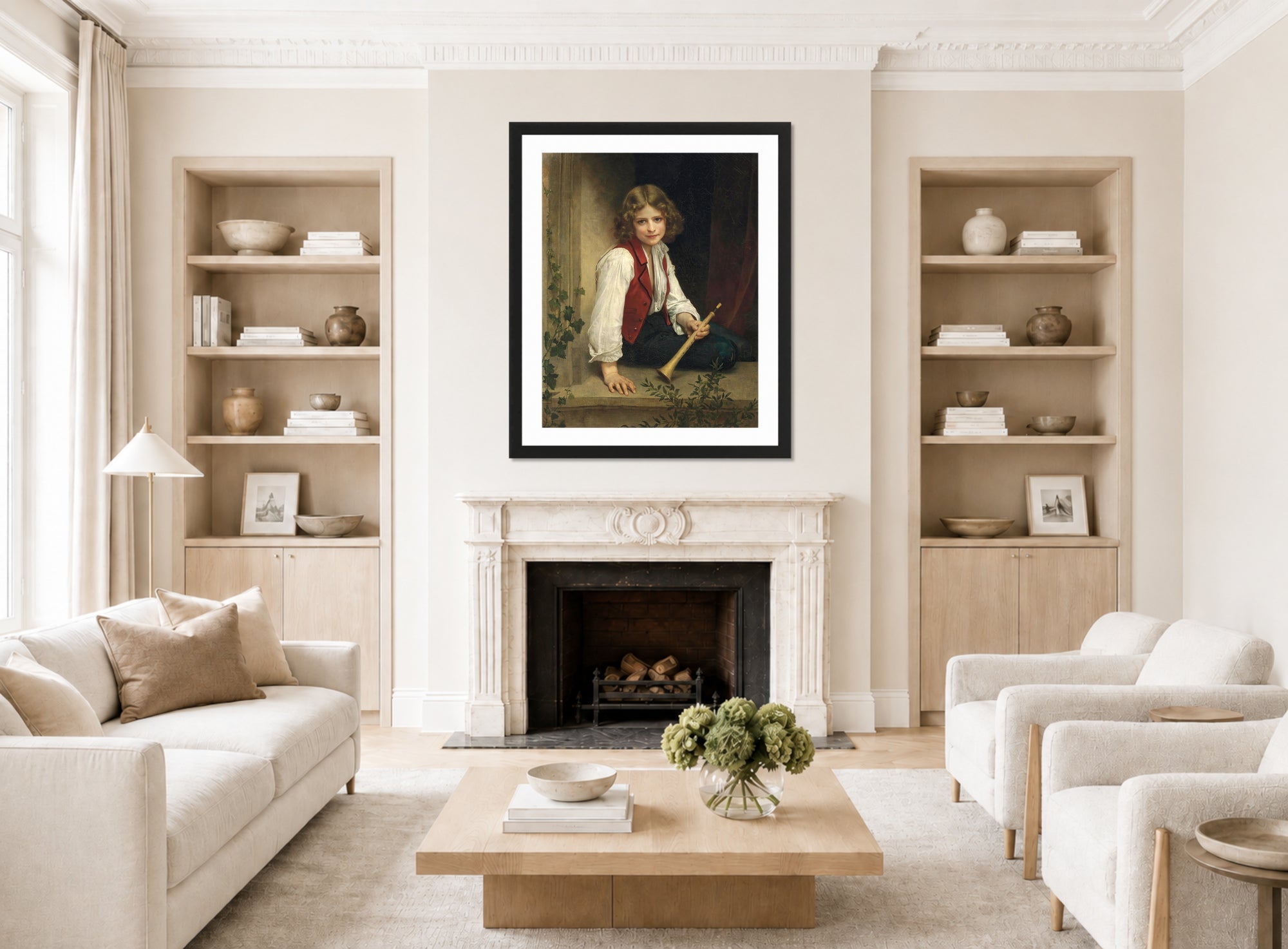 William-Adolphe Bouguereau Print, Pifferaro (1870) displayed in a Scandinavian living room