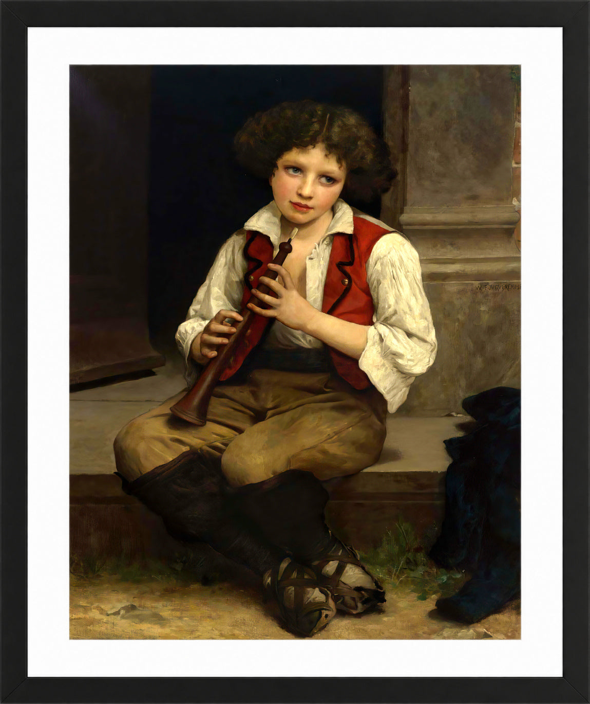 William-Adolphe Bouguereau Print, Pifferaro (1874) in a black frame