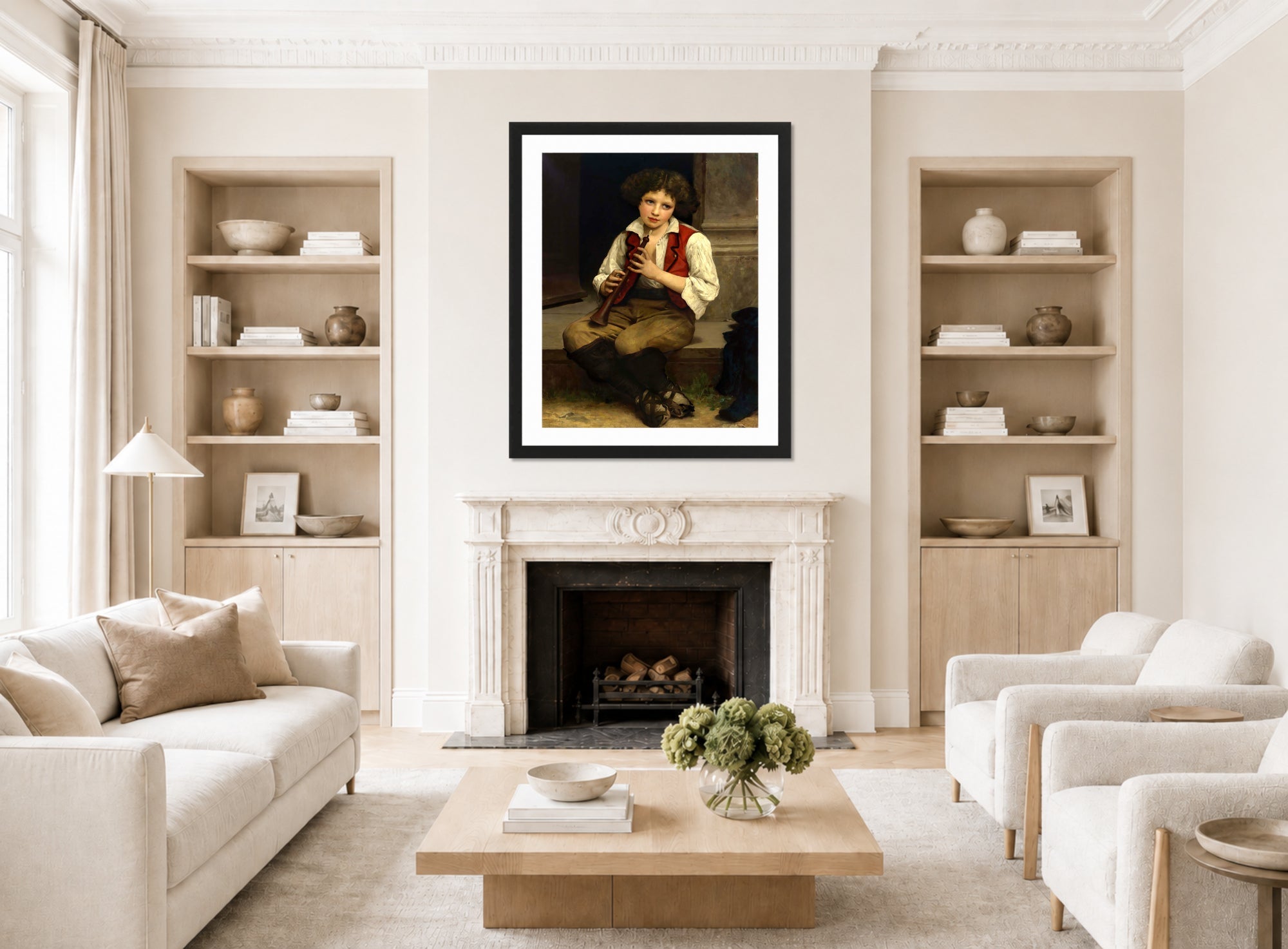 William-Adolphe Bouguereau Print, Pifferaro (1874) displayed in a Scandinavian living room