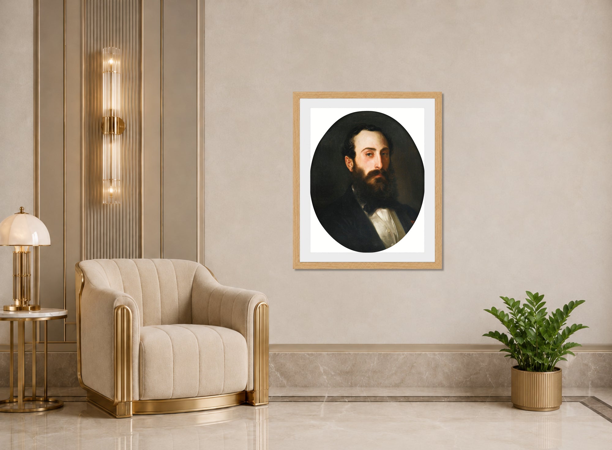 William-Adolphe Bouguereau Print, Portrait de Fernand Bartholoni displayed in an Art Deco interior