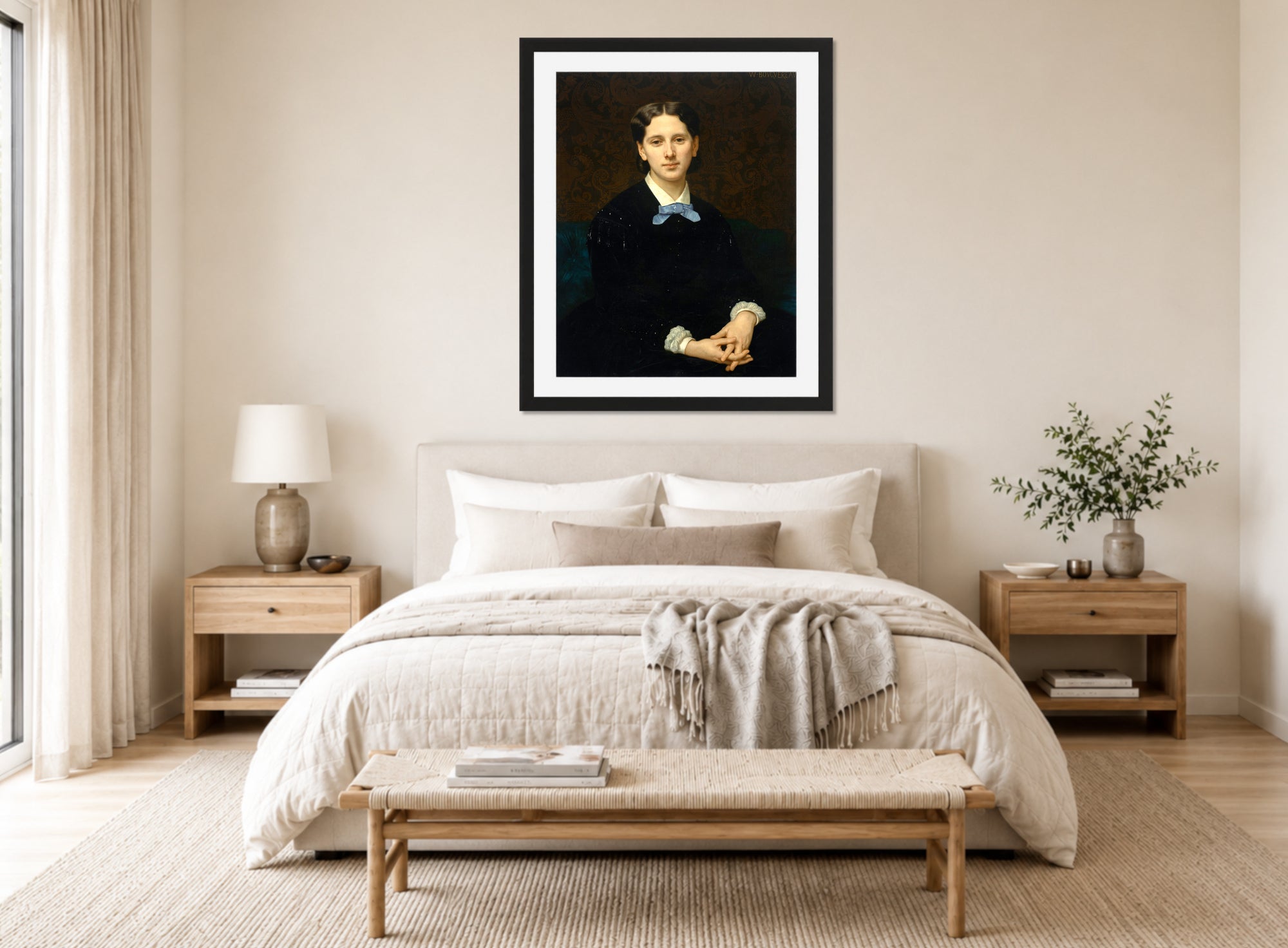 William-Adolphe Bouguereau Print, Portrait de Madame Hoskier (1865) displayed above a bed