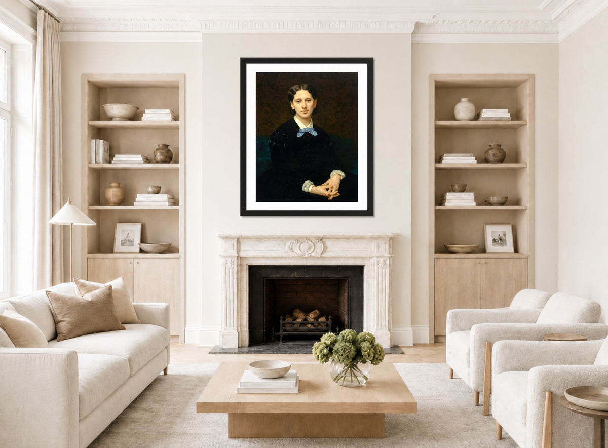 William-Adolphe Bouguereau Print, Portrait de Madame Hoskier (1865) displayed in a Scandinavian living room