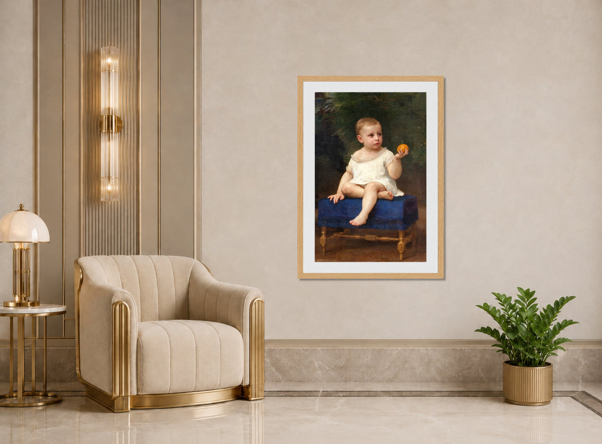 William-Adolphe Bouguereau Print, Portrait of a Child of Madame Porter (1889) displayed in an Art Deco interior