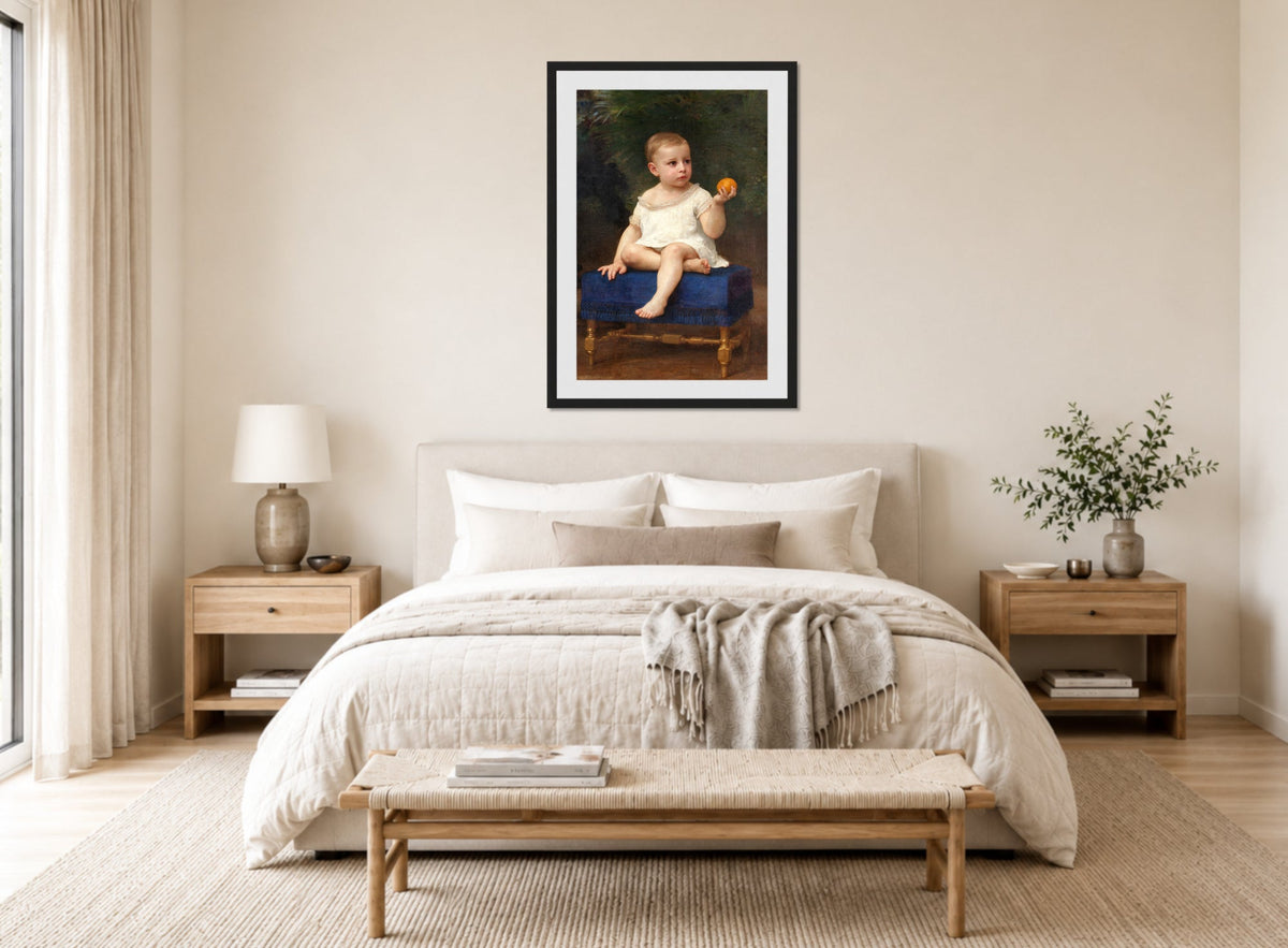 William-Adolphe Bouguereau Print, Portrait of a Child of Madame Porter (1889) displayed above a bed