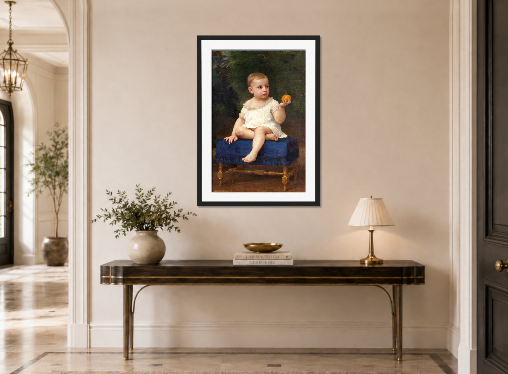 William-Adolphe Bouguereau Print, Portrait of a Child of Madame Porter (1889) displayed above a console table