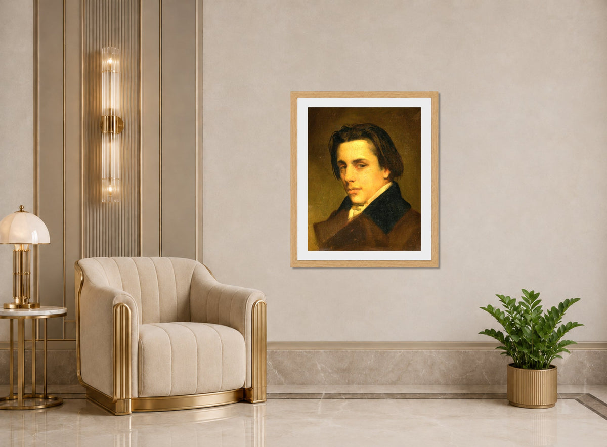 William-Adolphe Bouguereau Print, Portrait Of A Man ( 1850) displayed in an Art Deco interior