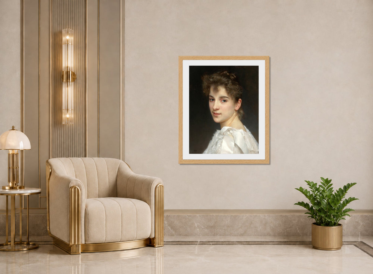 William-Adolphe Bouguereau Print, Portrait Of Gabrielle Cot (1890) displayed in an Art Deco interior