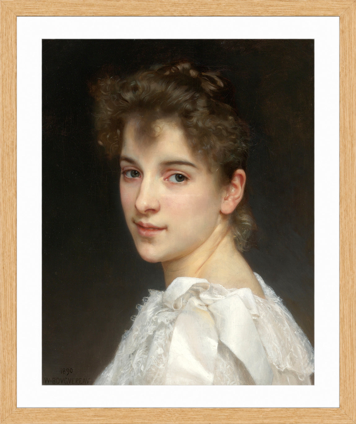 William-Adolphe Bouguereau Print, Portrait Of Gabrielle Cot (1890) in a light oak frame