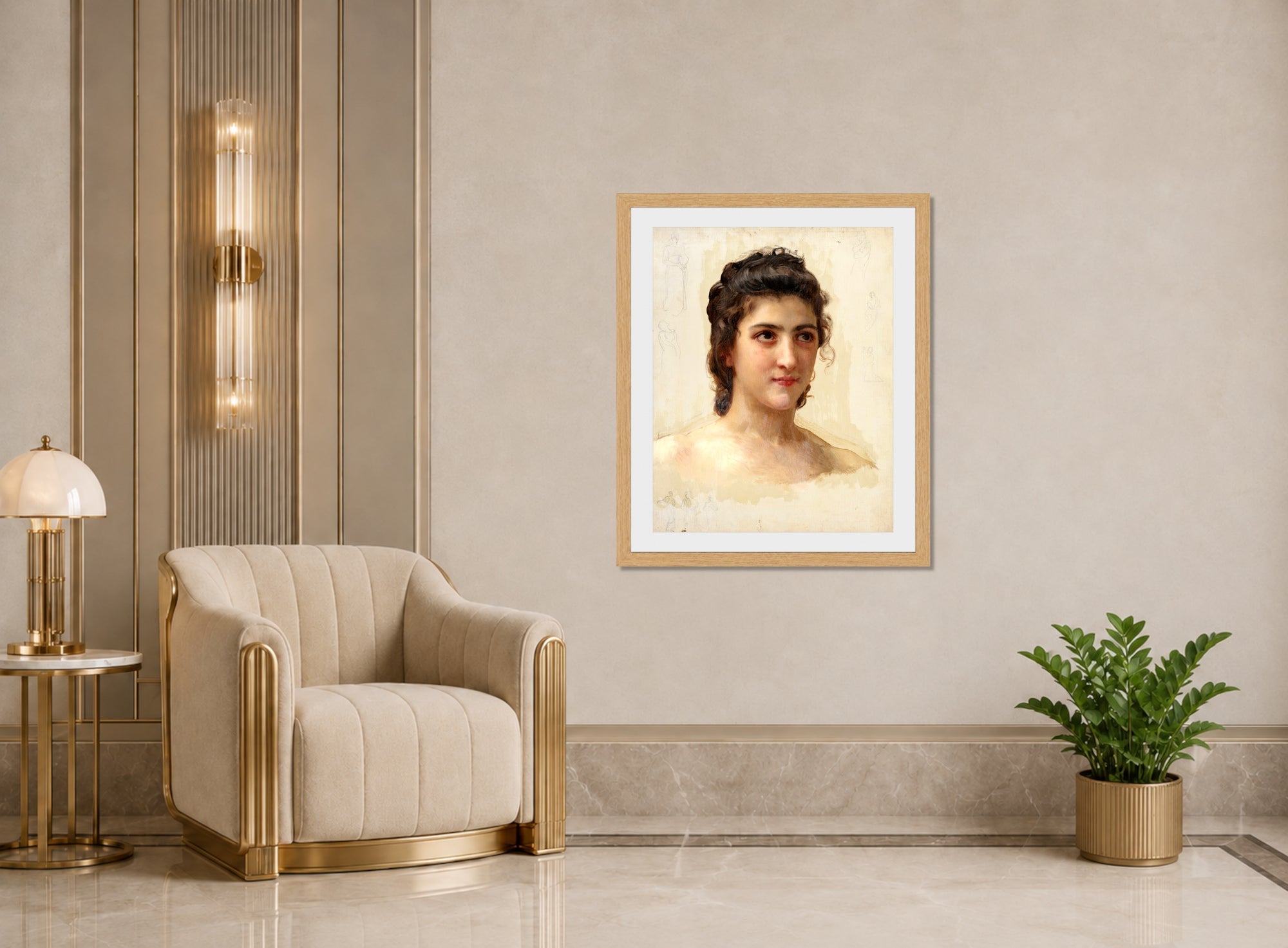 William-Adolphe Bouguereau Print, Portrait Study of Gabrielle Drunzer displayed in an Art Deco interior