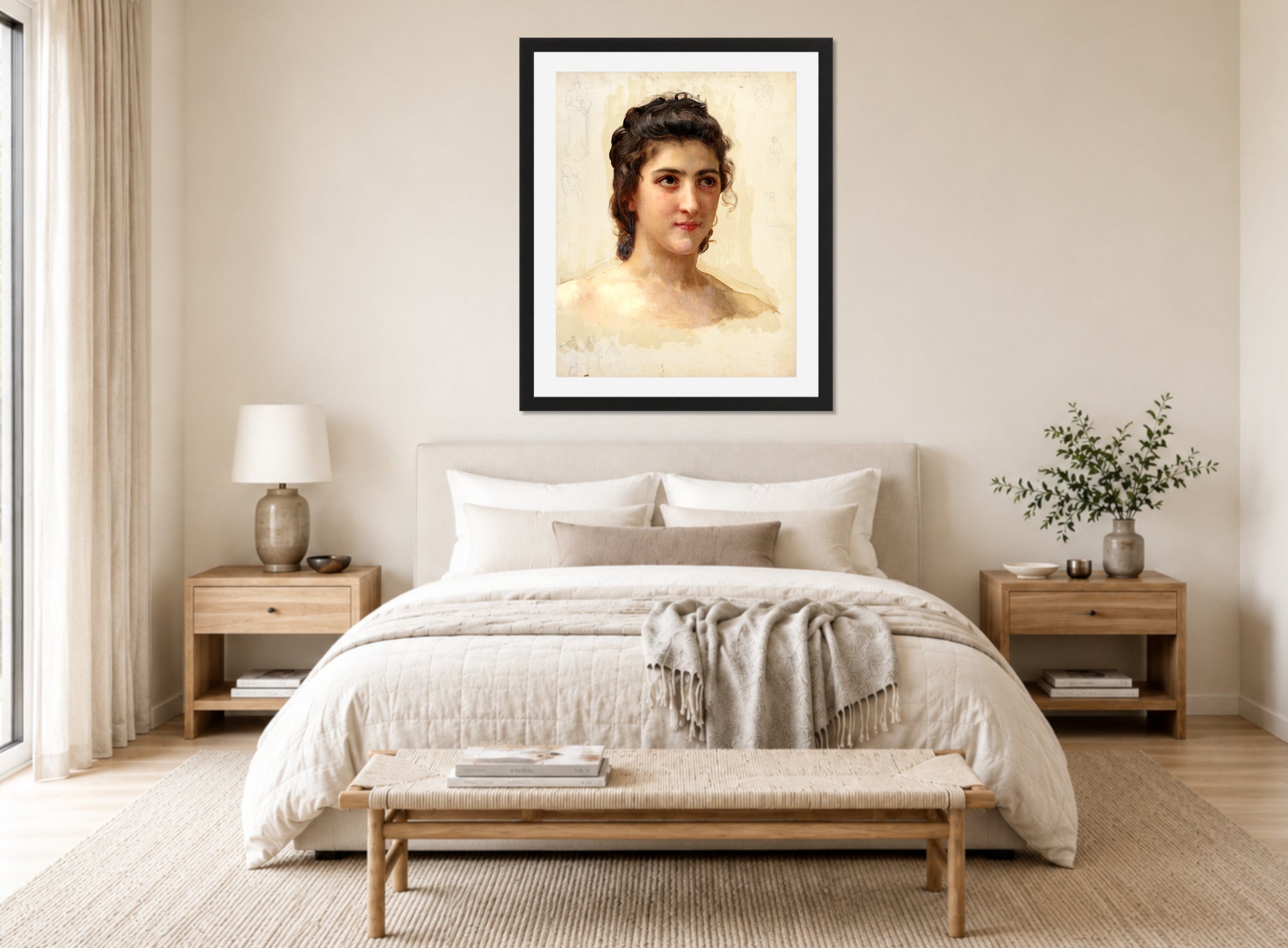 William-Adolphe Bouguereau Print, Portrait Study of Gabrielle Drunzer displayed above a bed
