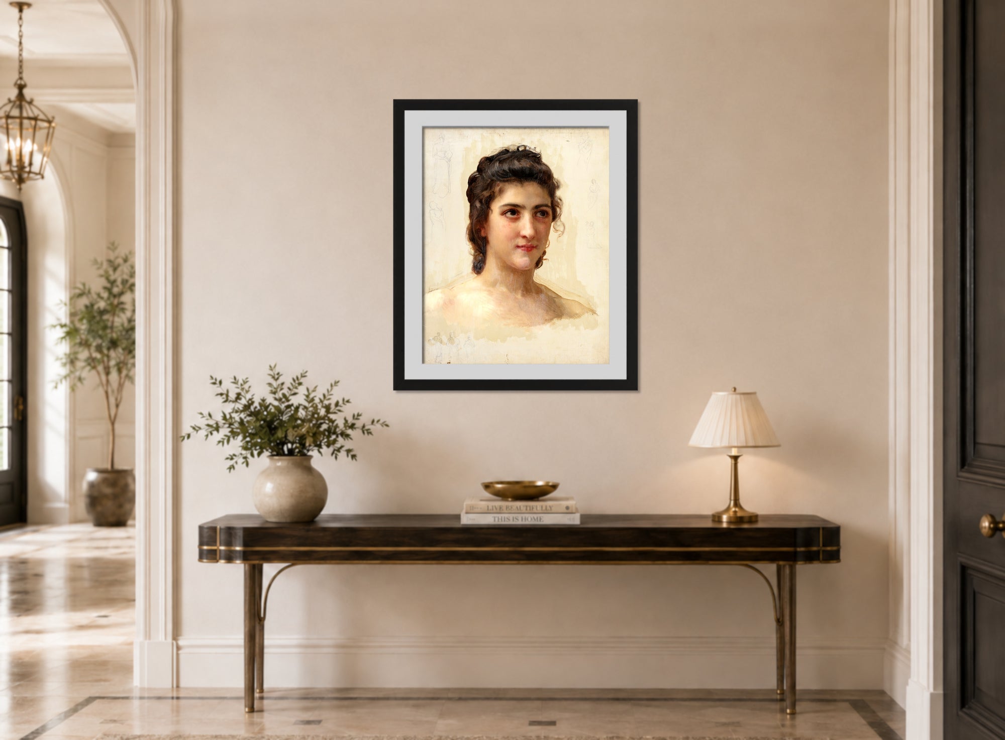 William-Adolphe Bouguereau Print, Portrait Study of Gabrielle Drunzer displayed above a console table