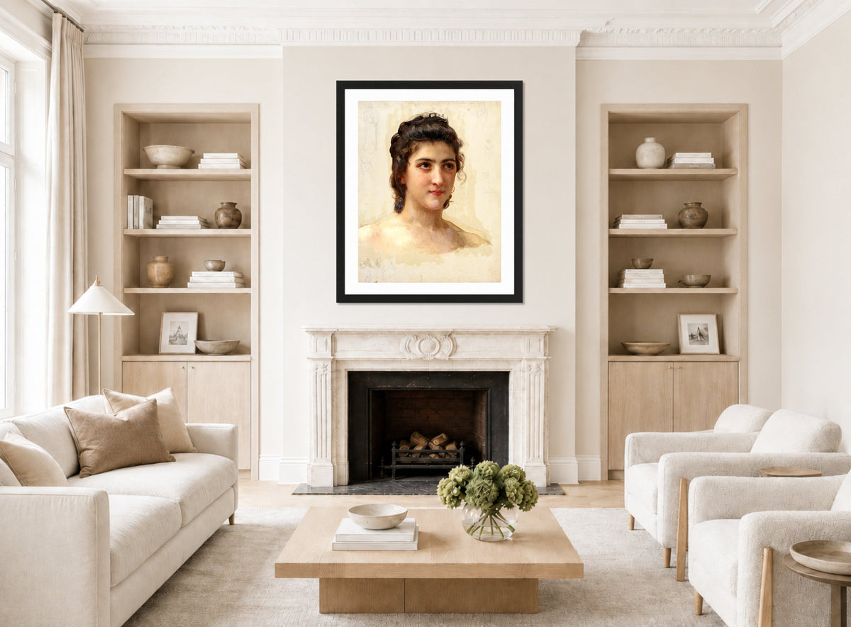 William-Adolphe Bouguereau Print, Portrait Study of Gabrielle Drunzer displayed in a Scandinavian living room