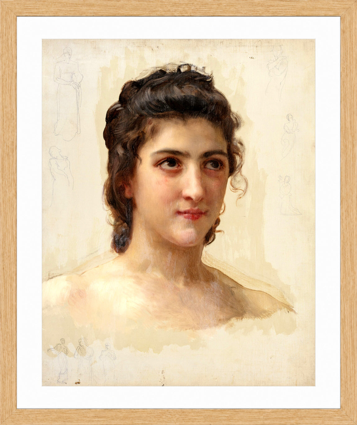 William-Adolphe Bouguereau Print, Portrait Study of Gabrielle Drunzer in a light oak frame