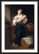 William-Adolphe Bouguereau Print, Premières caresse (1901) in a black frame