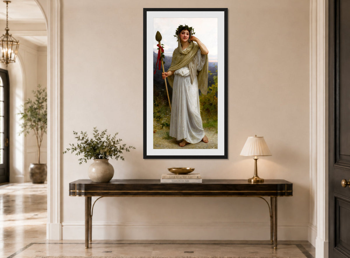 William-Adolphe Bouguereau Print, Prêtresse de Bacchus (1894) displayed above a console table