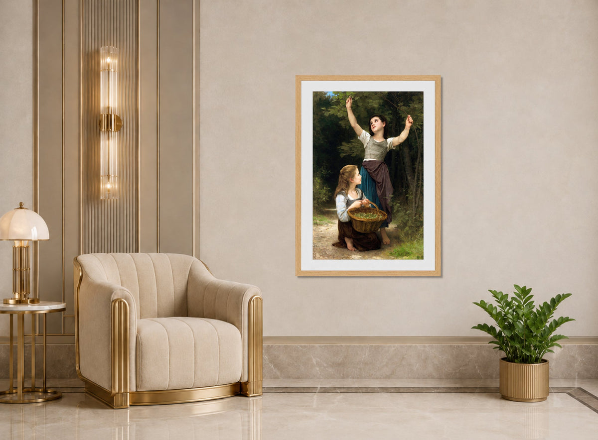 William-Adolphe Bouguereau Print, Récolte de noisettes (1883) displayed in an Art Deco interior