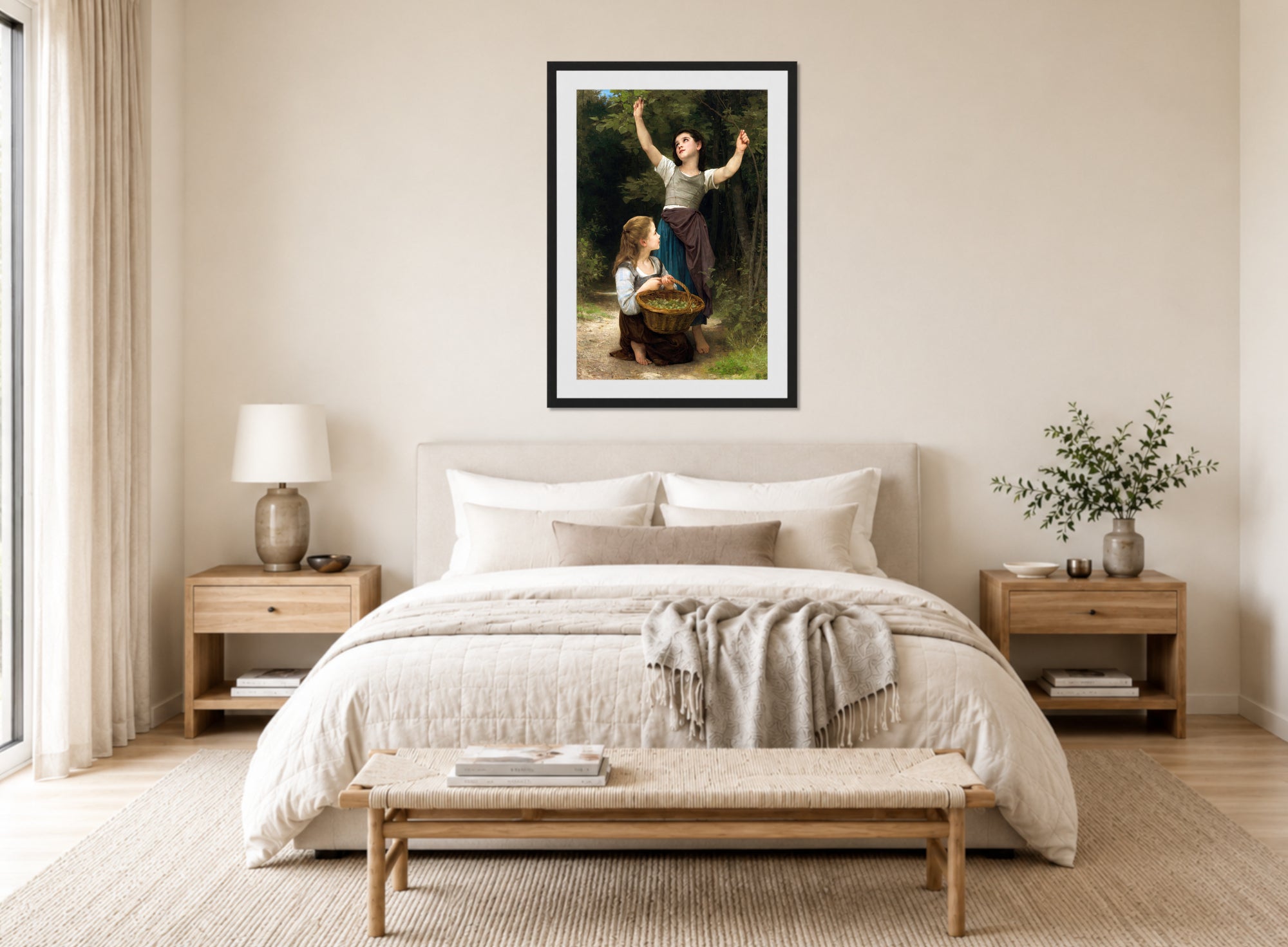 William-Adolphe Bouguereau Print, Récolte de noisettes (1883) displayed above a bed
