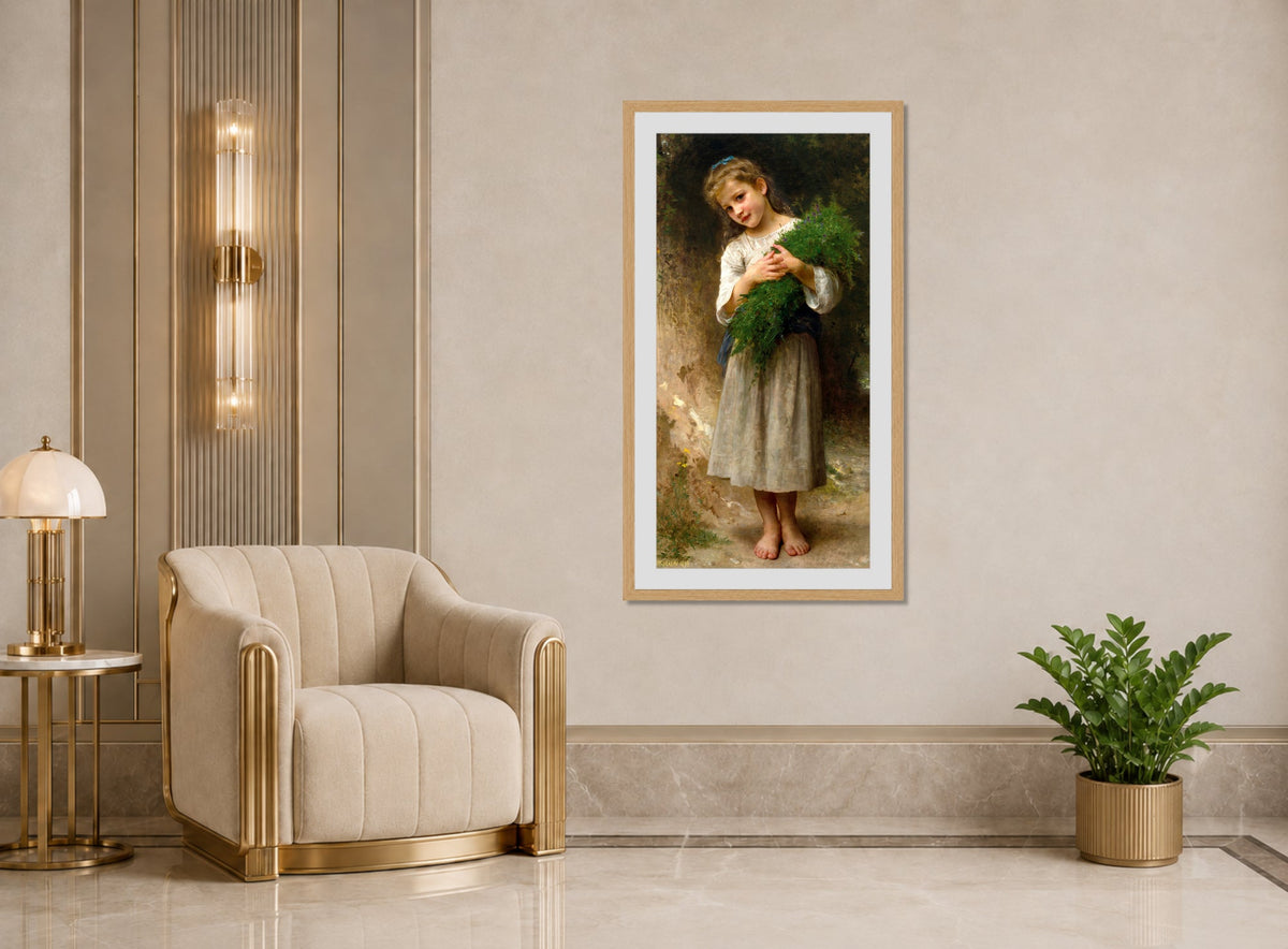 William-Adolphe Bouguereau Print, Retour des champs (1898) displayed in an Art Deco interior