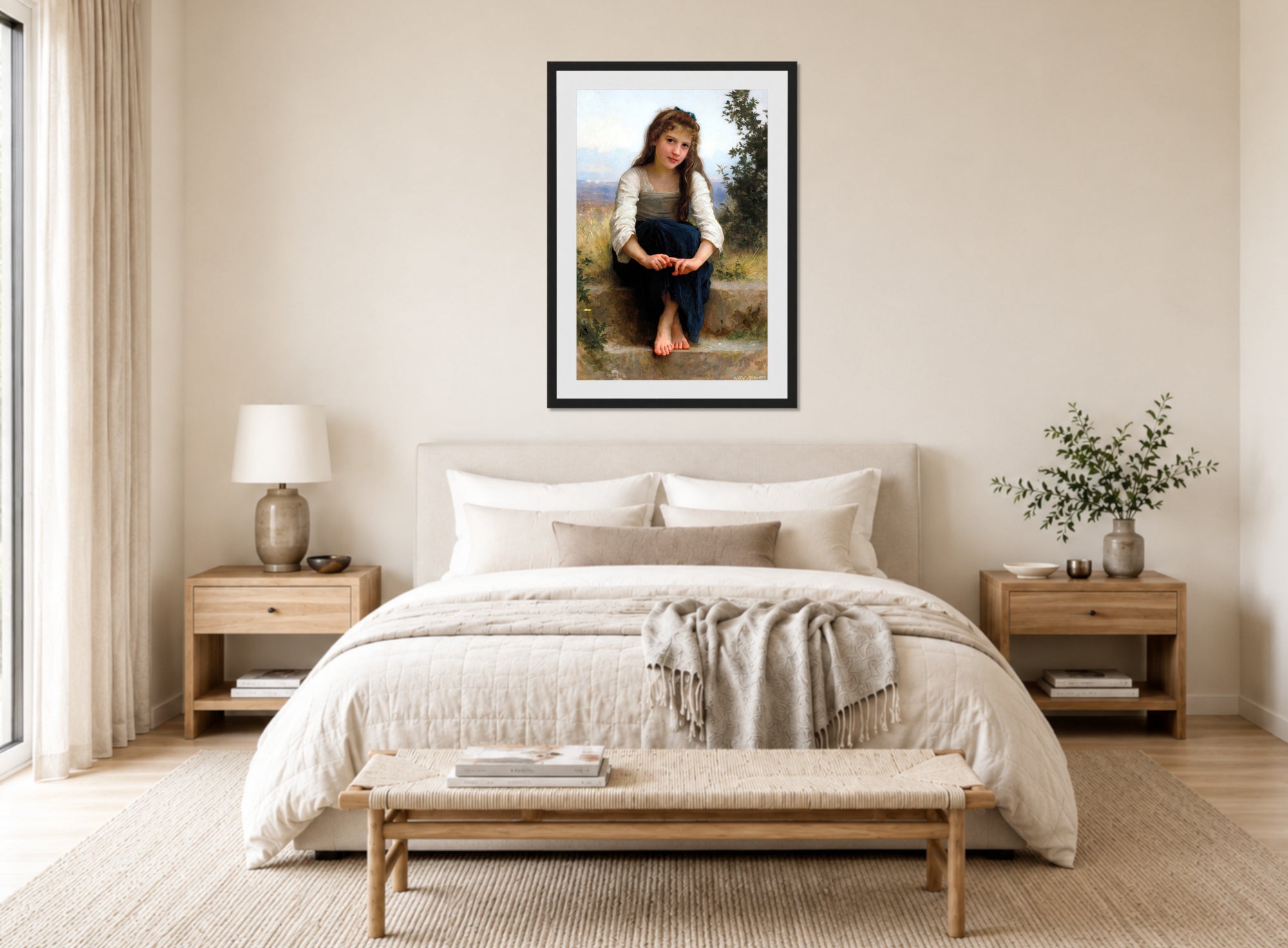 William-Adolphe Bouguereau Print, Rêverie (1899) displayed above a bed