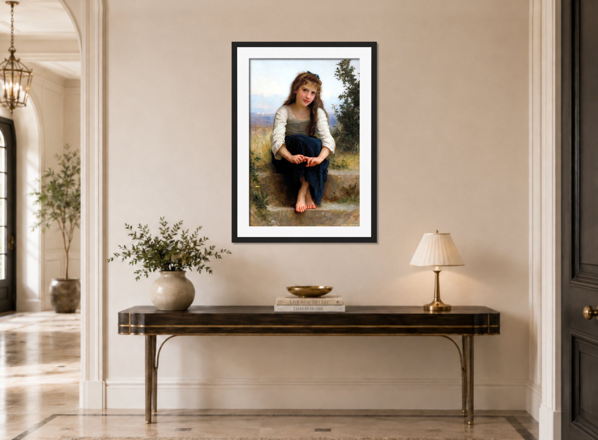 William-Adolphe Bouguereau Print, Rêverie (1899) displayed above a console table