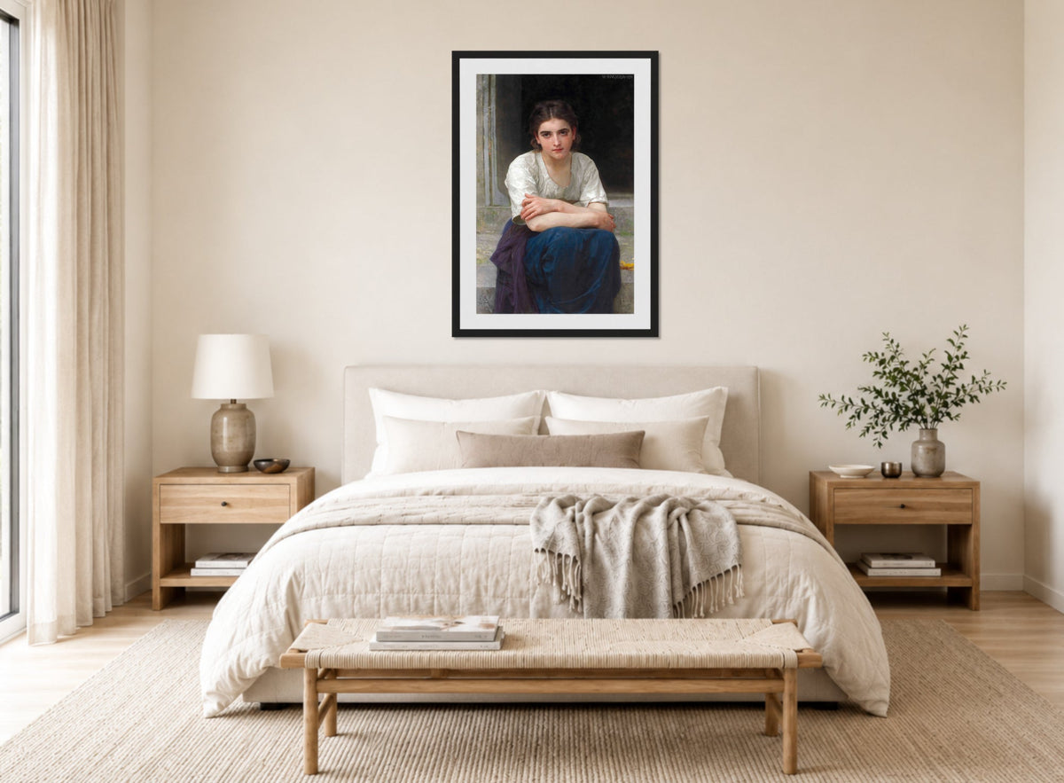 William-Adolphe Bouguereau Print, Rêverie sur le seuil (1893) displayed above a bed