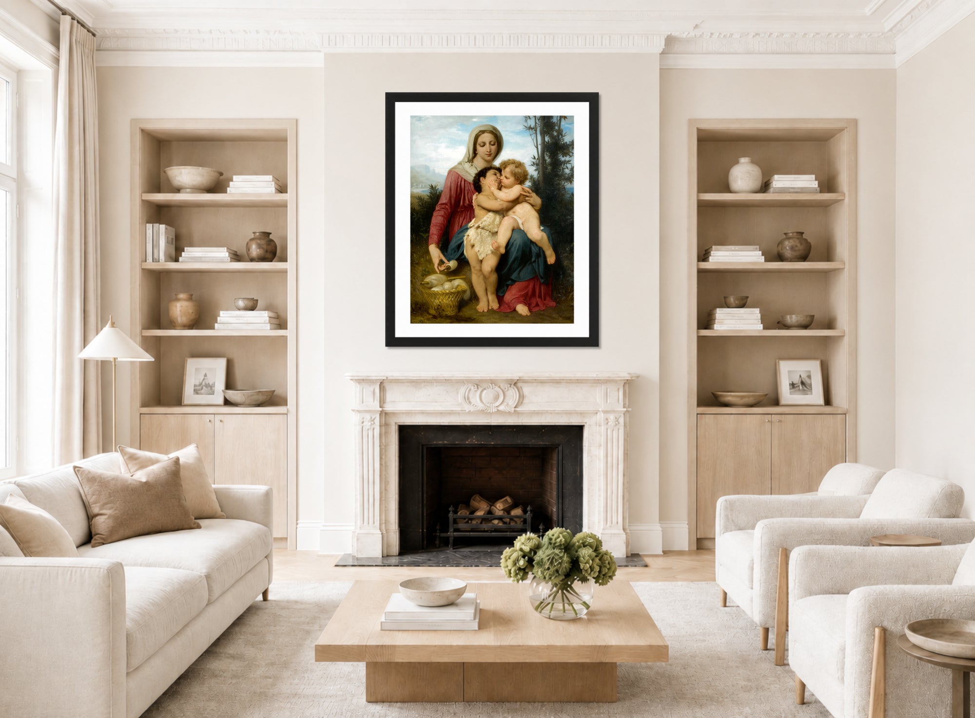 William-Adolphe Bouguereau Print, Sainte Famille (The Holy Family) (1863) displayed in a Scandinavian living room
