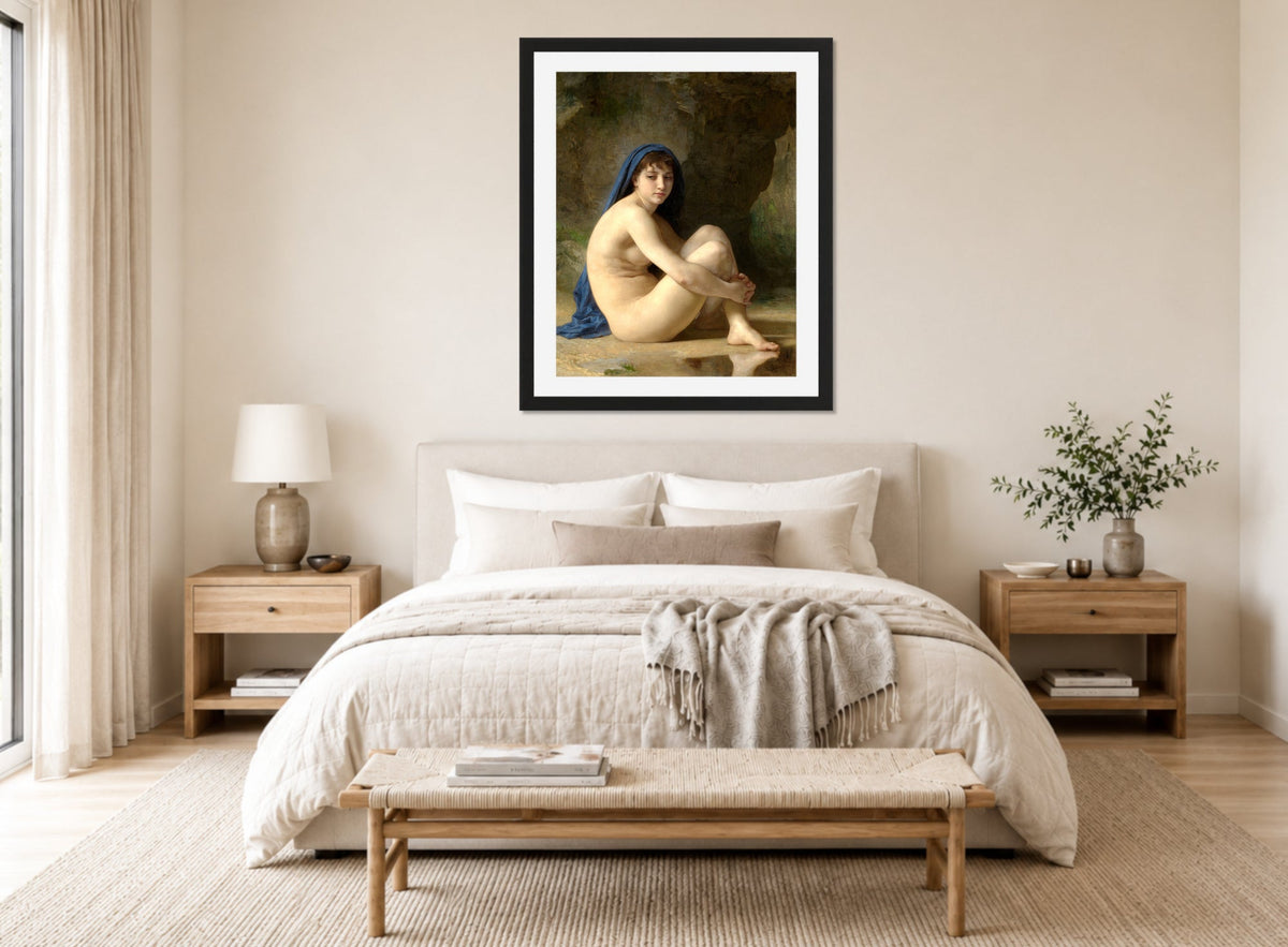 William-Adolphe Bouguereau Print, Seated Nude (1884) displayed above a bed