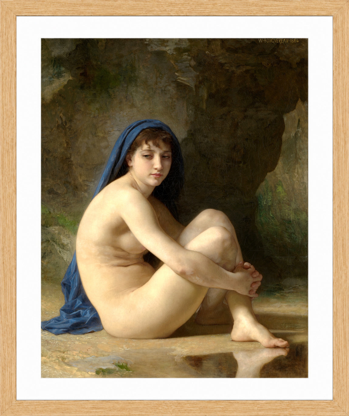 William-Adolphe Bouguereau Print, Seated Nude (1884) in a light oak frame