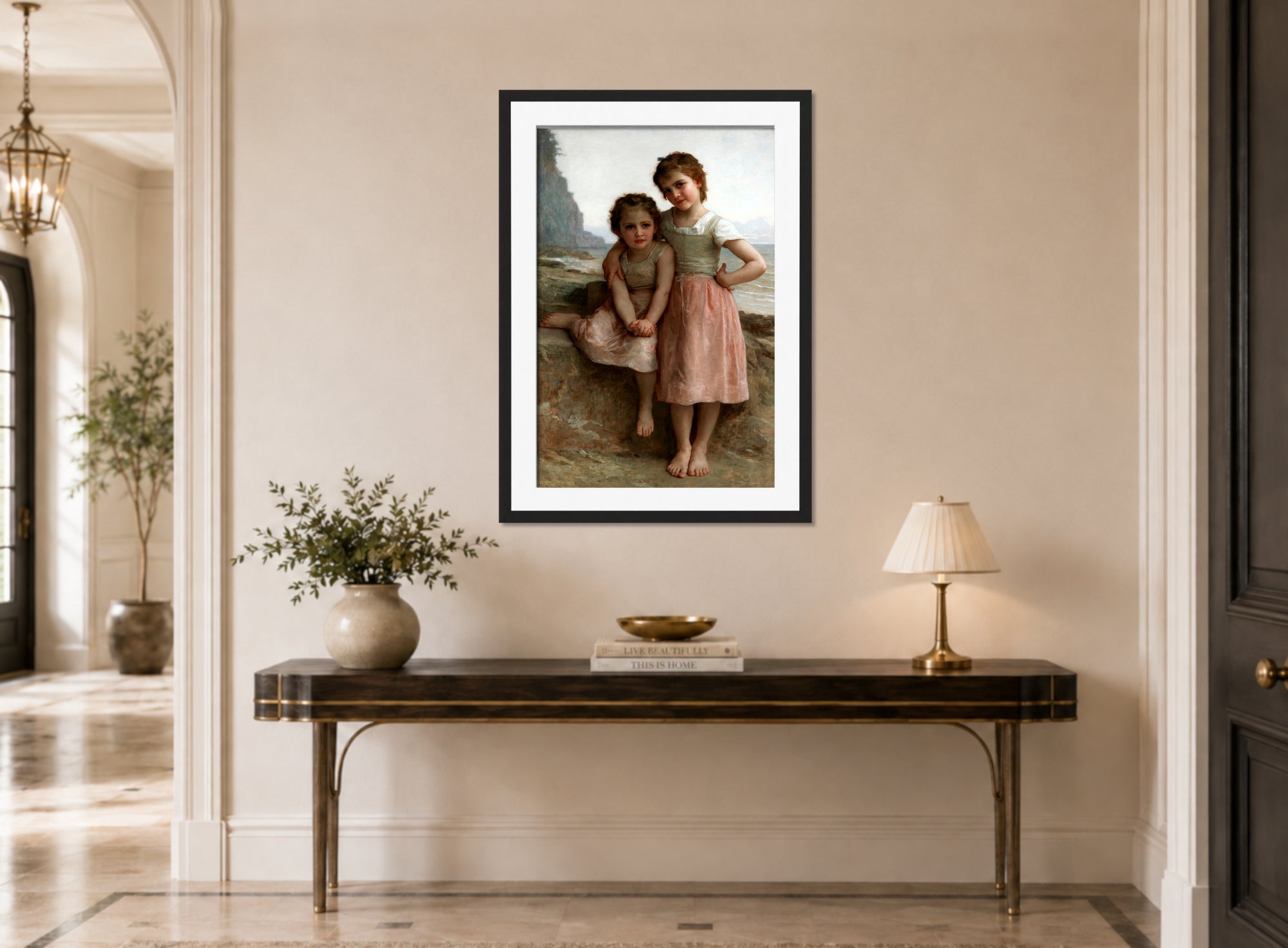 William-Adolphe Bouguereau Print, Sisters on the Shore (1896) displayed above a console table