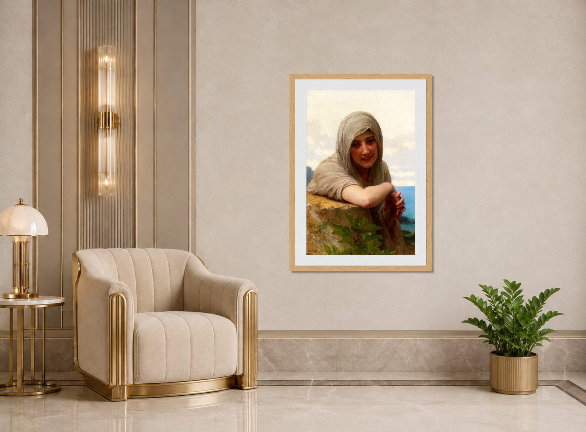 William-Adolphe Bouguereau Print, Souvenir (1894) displayed in an Art Deco interior