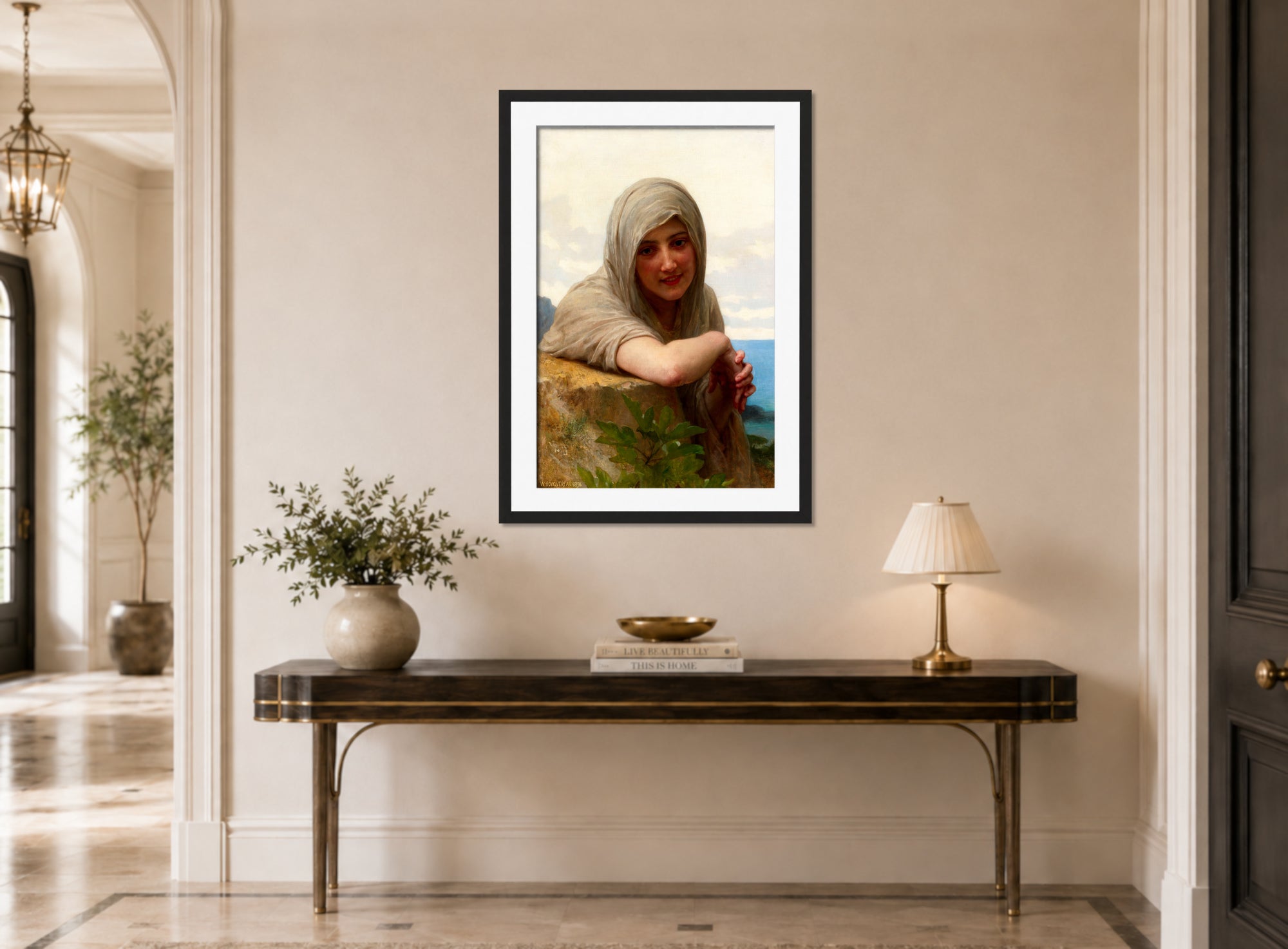William-Adolphe Bouguereau Print, Souvenir (1894) displayed above a console table