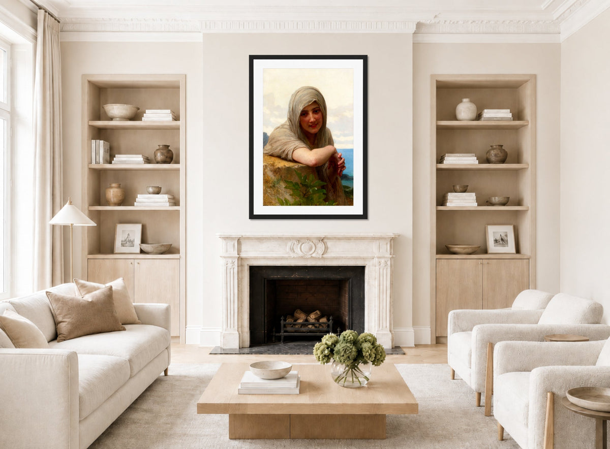 William-Adolphe Bouguereau Print, Souvenir (1894) displayed in a Scandinavian living room
