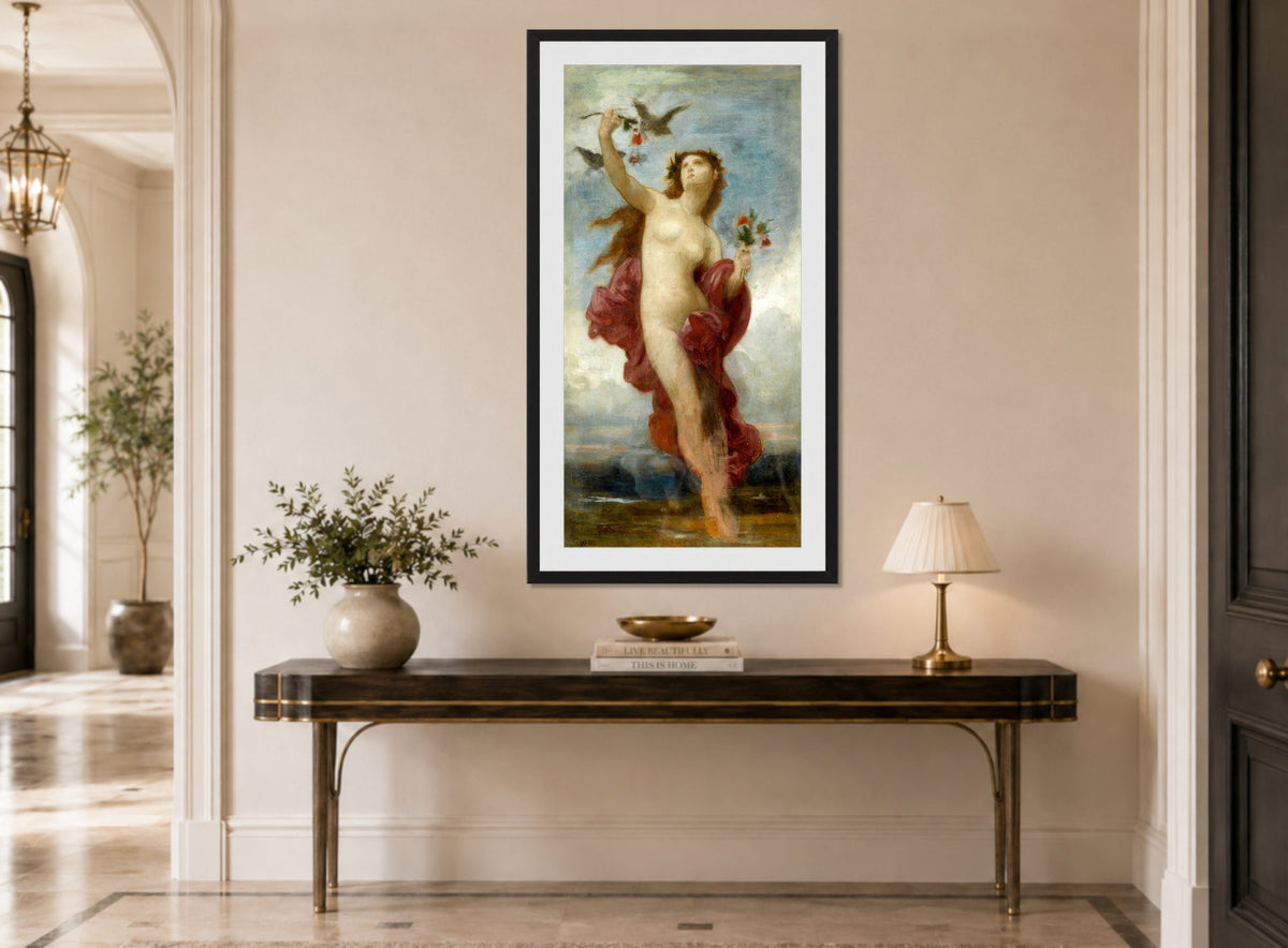 William-Adolphe Bouguereau Print, Study for le jour displayed above a console table